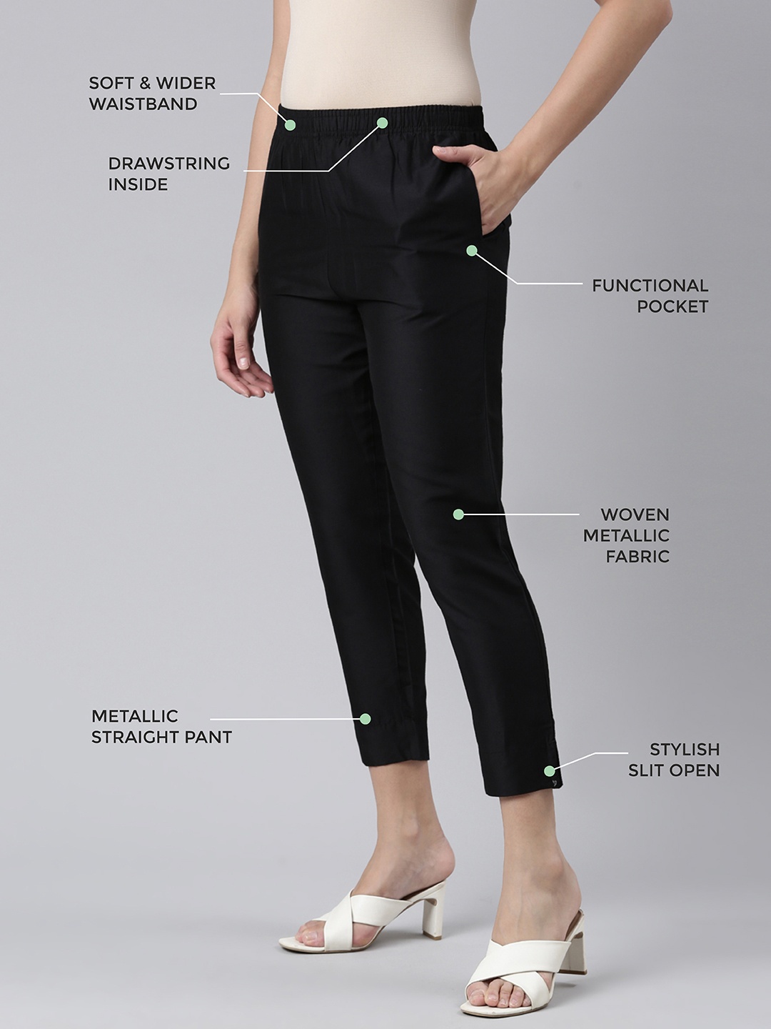 

TWIN BIRDS Women Mid-Rise Shimmer Solid Functional Pockets Straight Trousers, Black