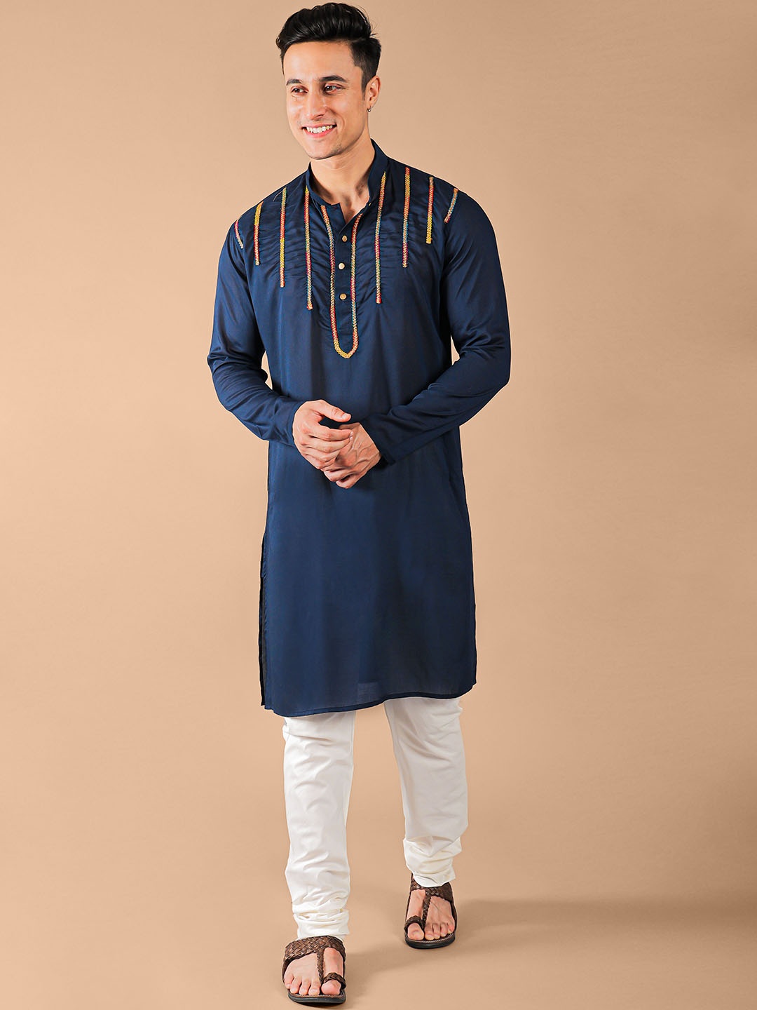 

VESHAM Striped Yoke Design Thread Work Straight Kurta With Churidar, Blue