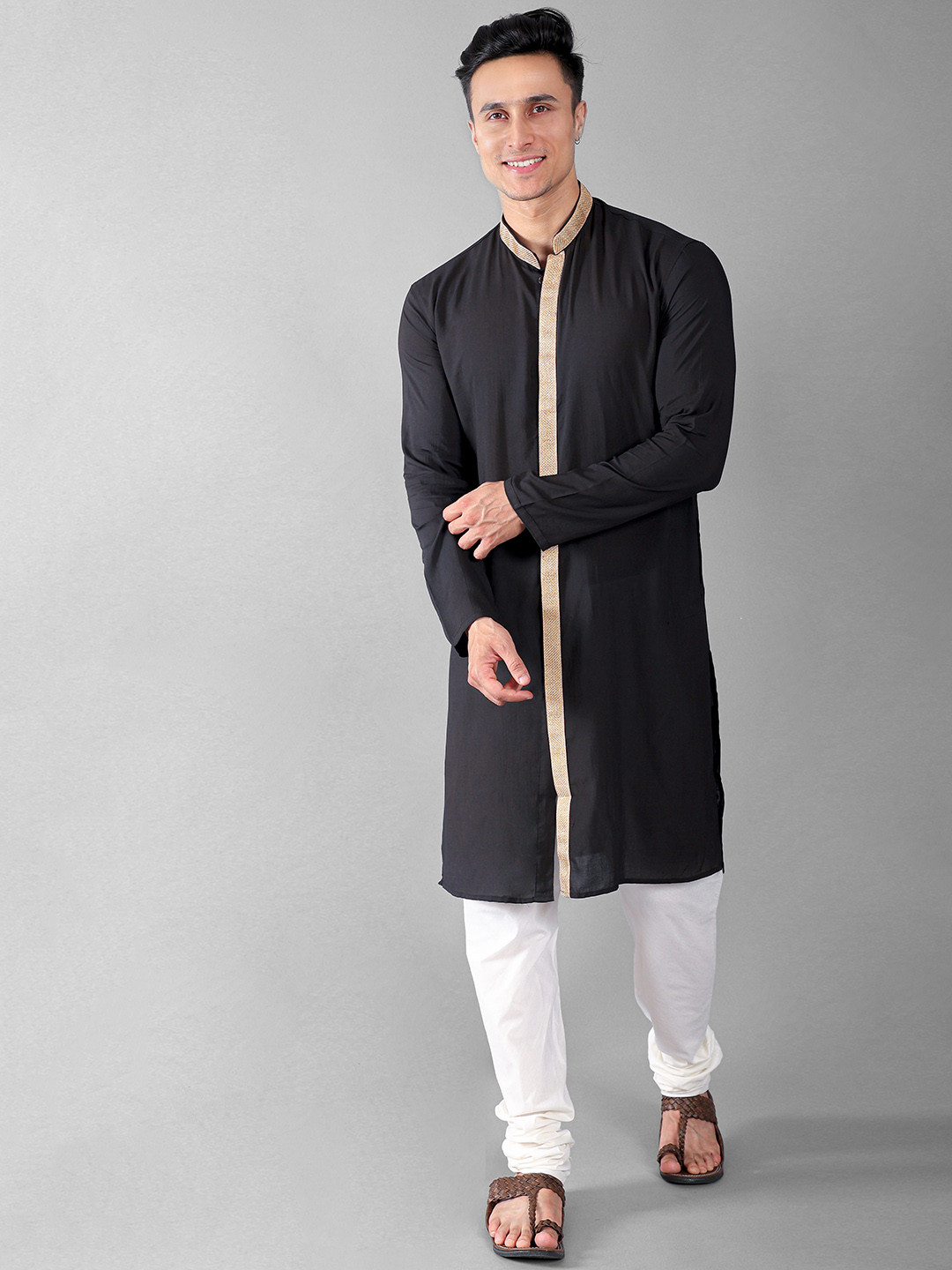 

VESHAM Mandarin Collar Gottapatti Regular Kurta With Churidar, Black
