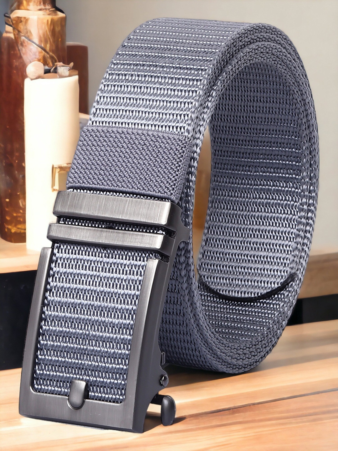 

INVICTUS Men Textured Slider Buckle Belt, Grey