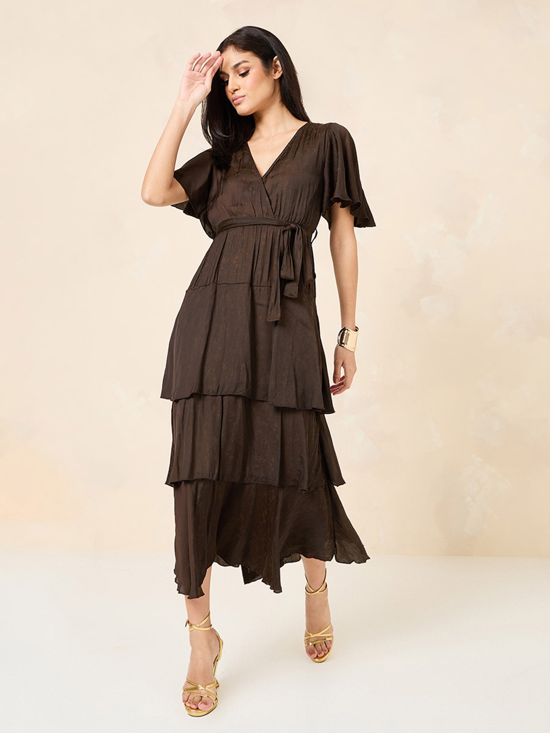 

Styli Brown Abstract Printed Flared Sleeves Layered Wrap Midi Dress