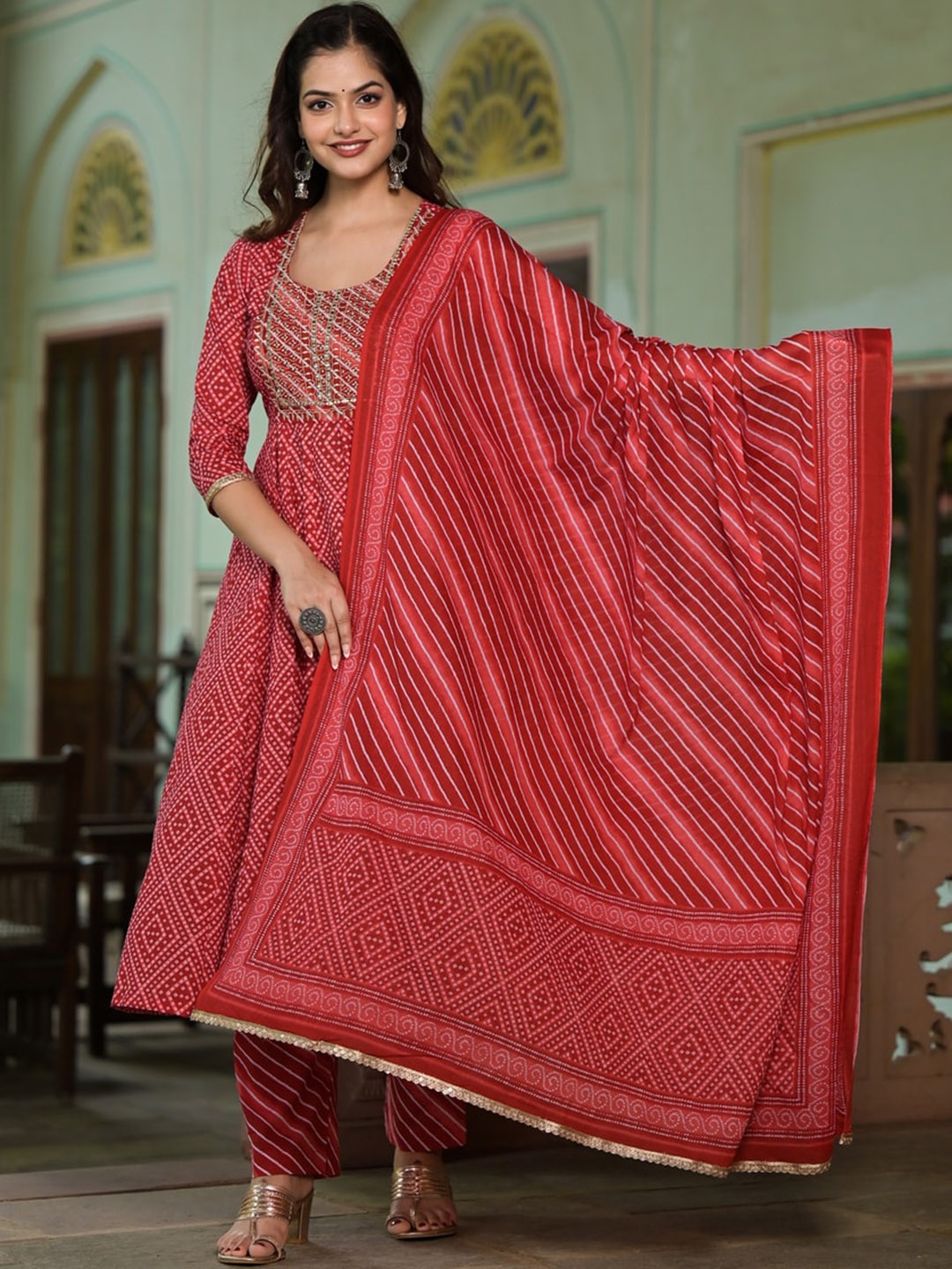 

Jaipuri Adaah Bandhani Printed Regular Pure Cotton Kurta With Trousers & Dupatta, Red