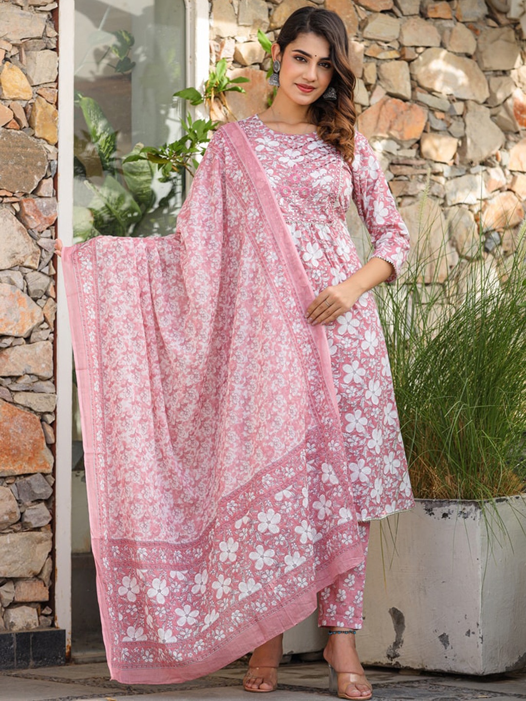 

Jaipuri Adaah Floral Printed Gotta Patti Pure Cotton Kurta With Trousers & Dupatta, Pink