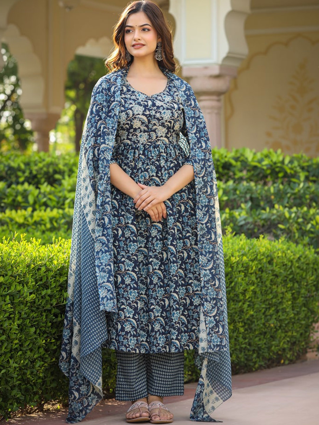 

Jaipuri Adaah Floral Printed Angrakha Pure Cotton Kurta with Trousers & With Dupatta, Blue