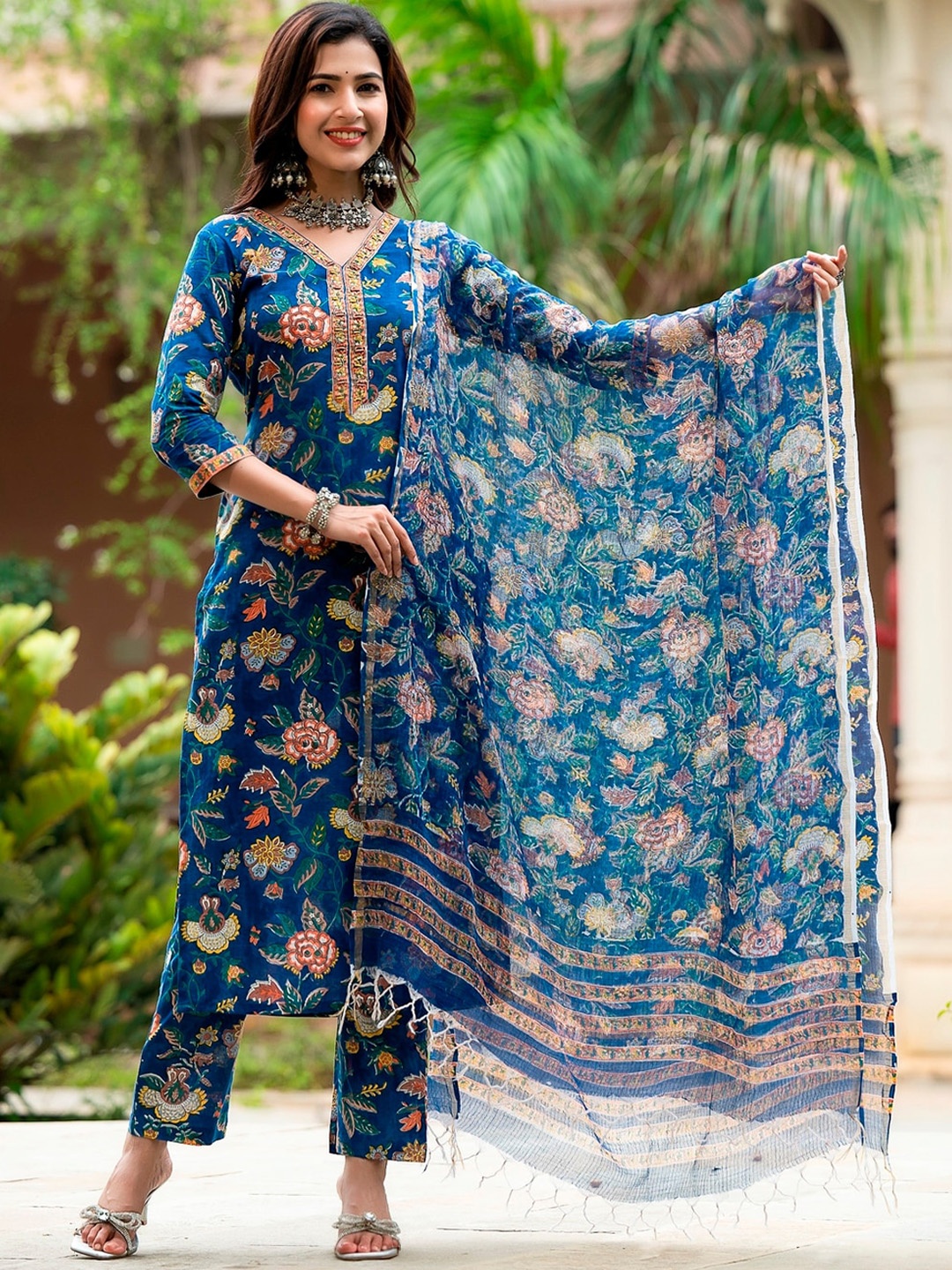 

Jaipuri Adaah Floral Printed Beads and Stones Pure Cotton Kurta with Trousers & Dupatta, Blue