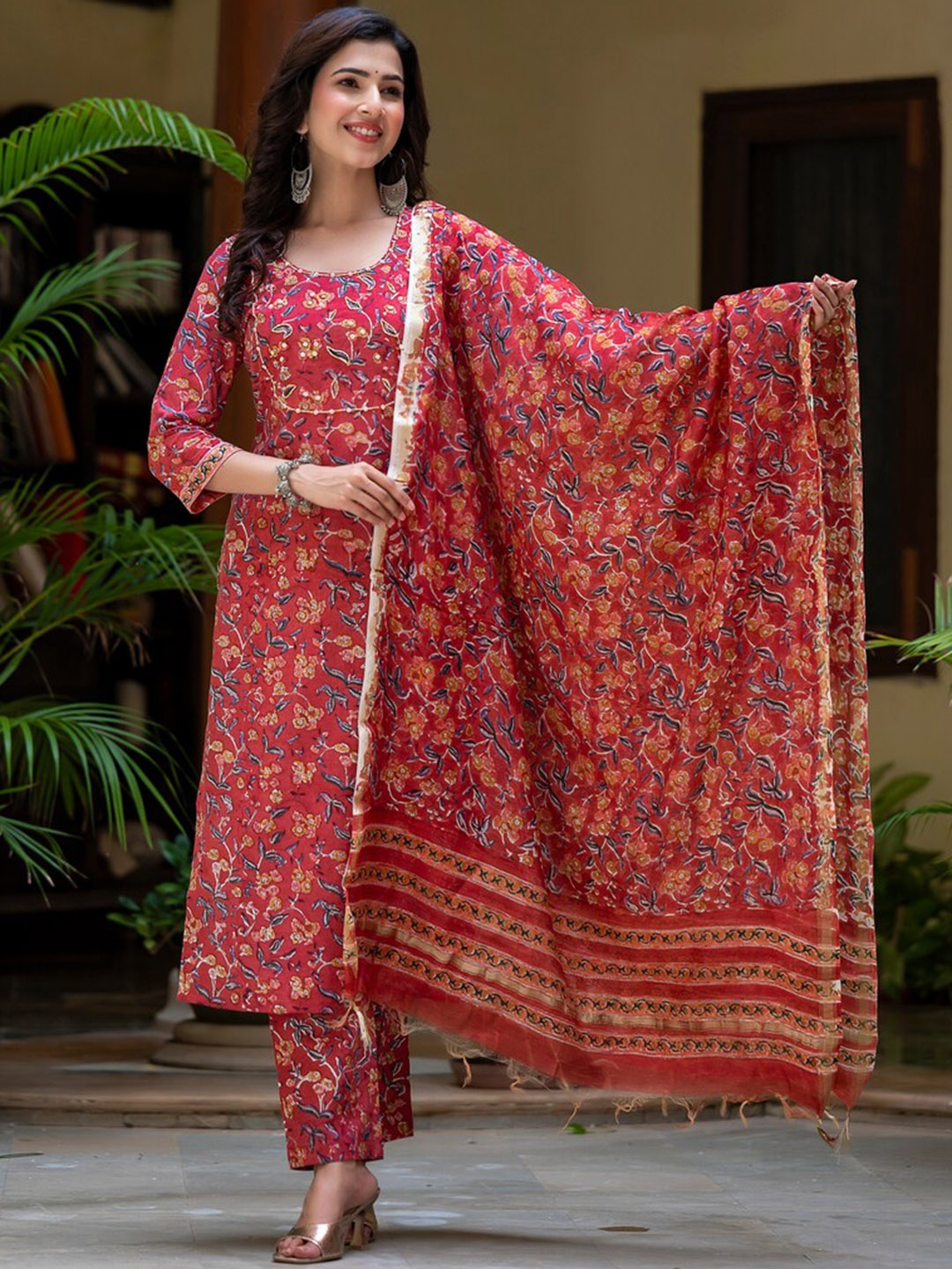 

Jaipuri Adaah Floral Printed Beads and Stones Pure Cotton Kurta & Trousers With Dupatta, Red