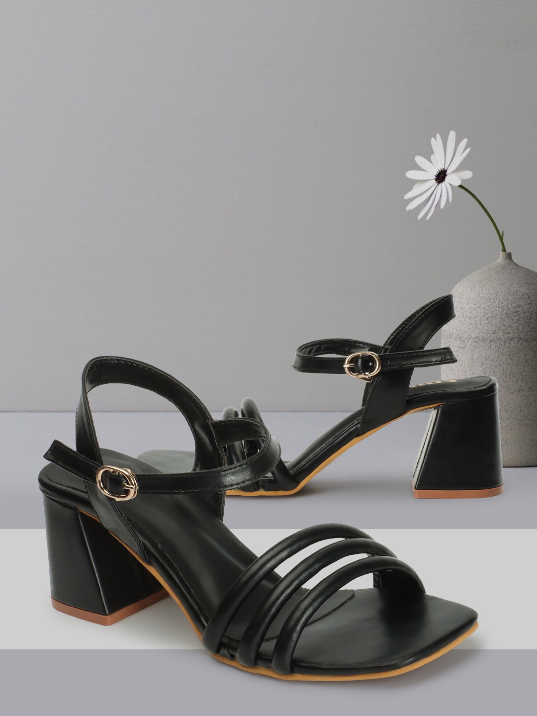 

Colo Square Toe Block Heels with Buckles, Black