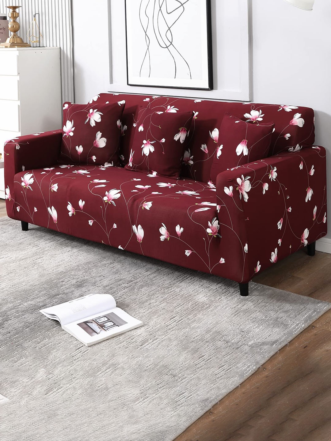 

Dakshya Industries Maroon Floral Printed Elastic 3 Seater Sofa Cover