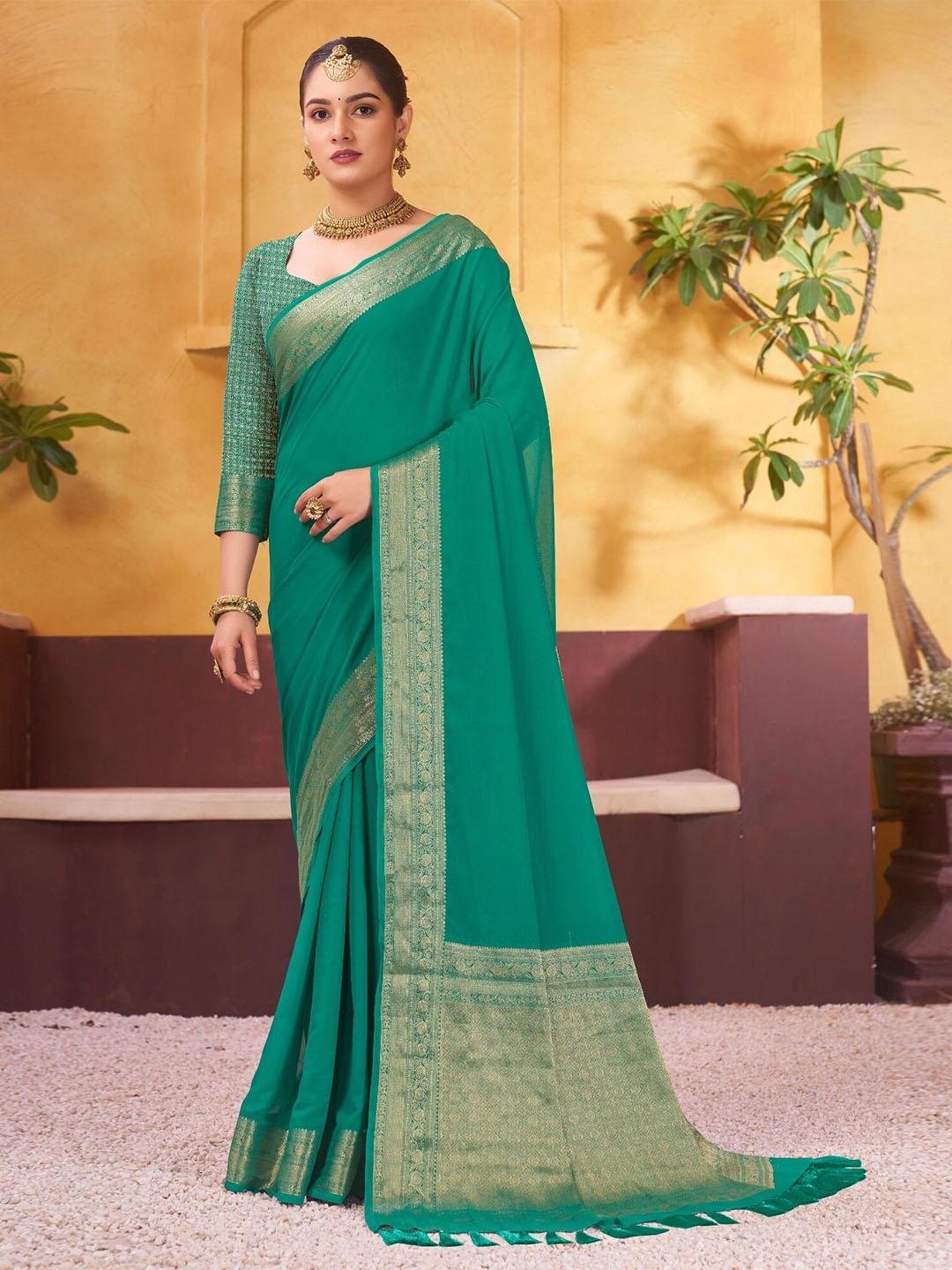 

V3 FASHION STUDIO Zari Pure Georgette Banarasi Saree, Turquoise blue