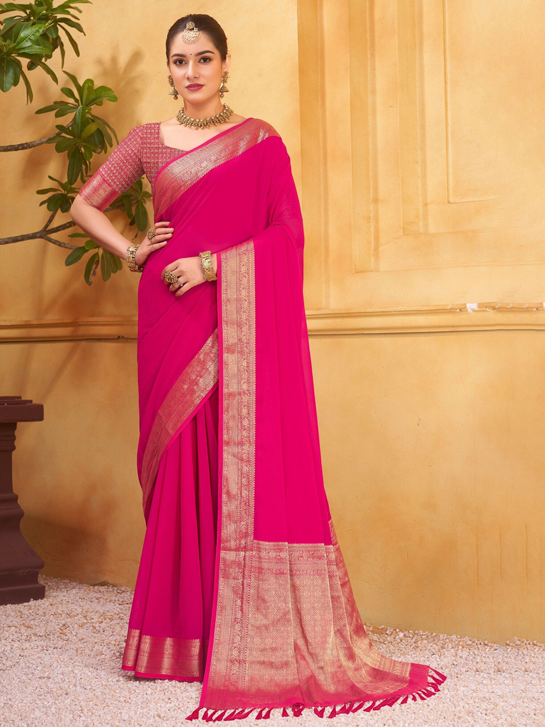 

V3 FASHION STUDIOZari Pure Georgette Banarasi Saree, Pink