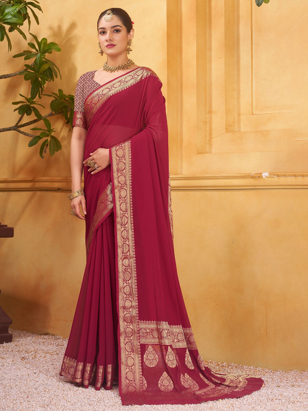 

V3 FASHION STUDIO Zari Pure Georgette Banarasi Saree, Maroon