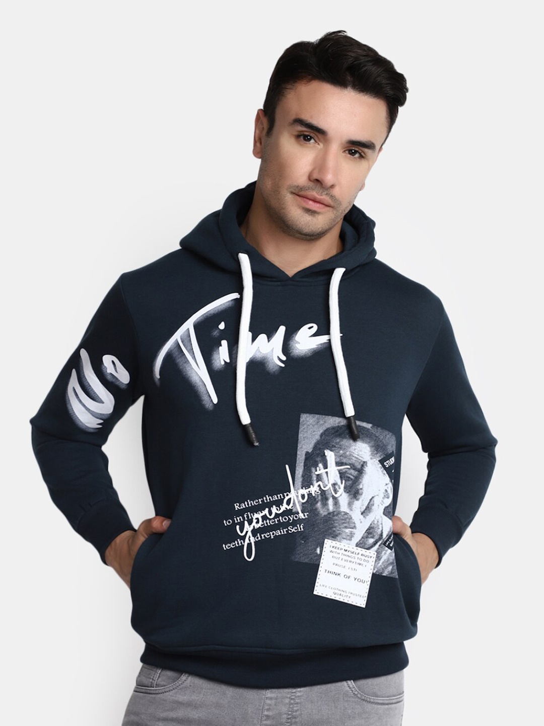 

V-Mart Typography Printed Hooded Fleece Pullover, Teal