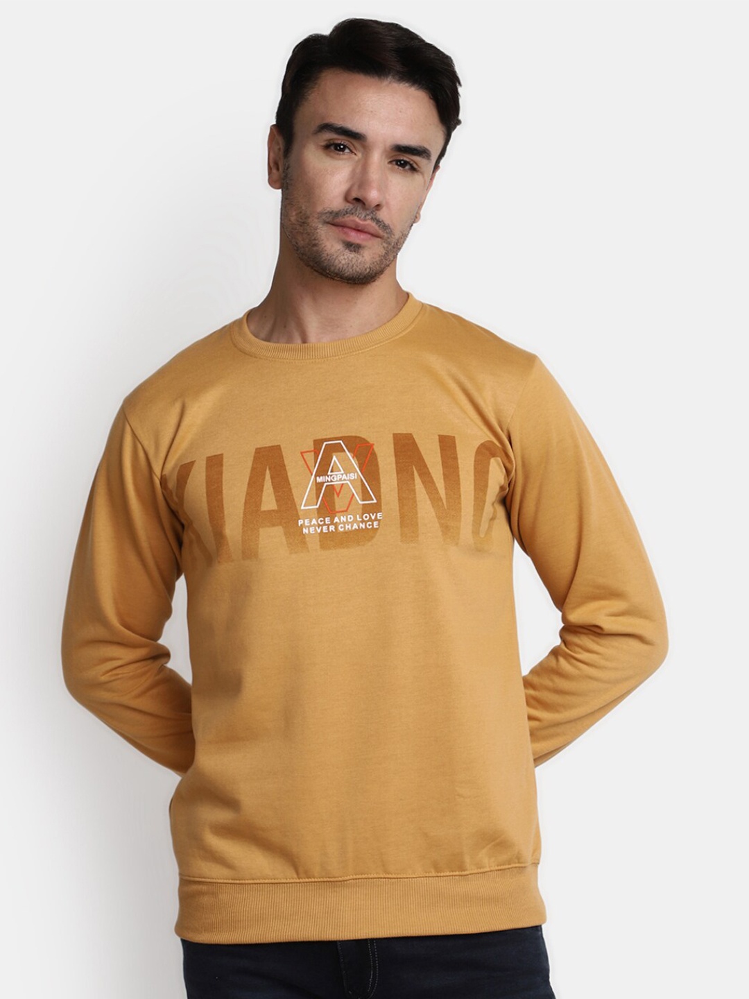 

V-Mart Typography Printed Long Sleeves Cotton Pullover, Gold