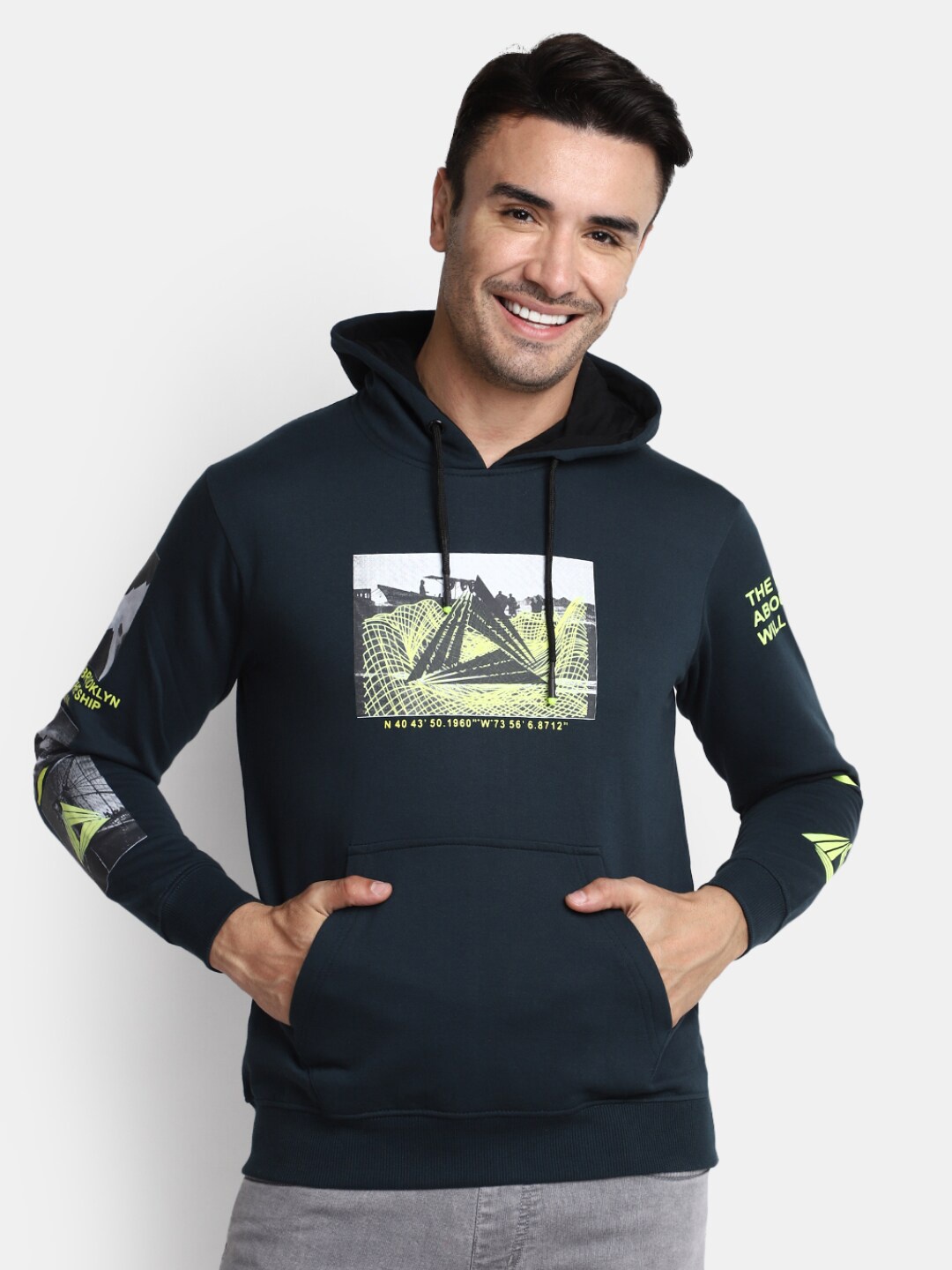 

V-Mart Graphic Printed Hooded Long Sleeves Cotton Pullover, Teal