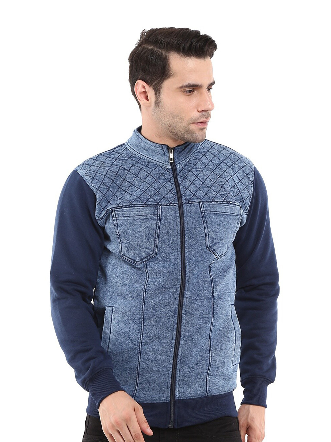 

V-Mart Abstract Printed Front Open Denim Sweatshirt, Blue