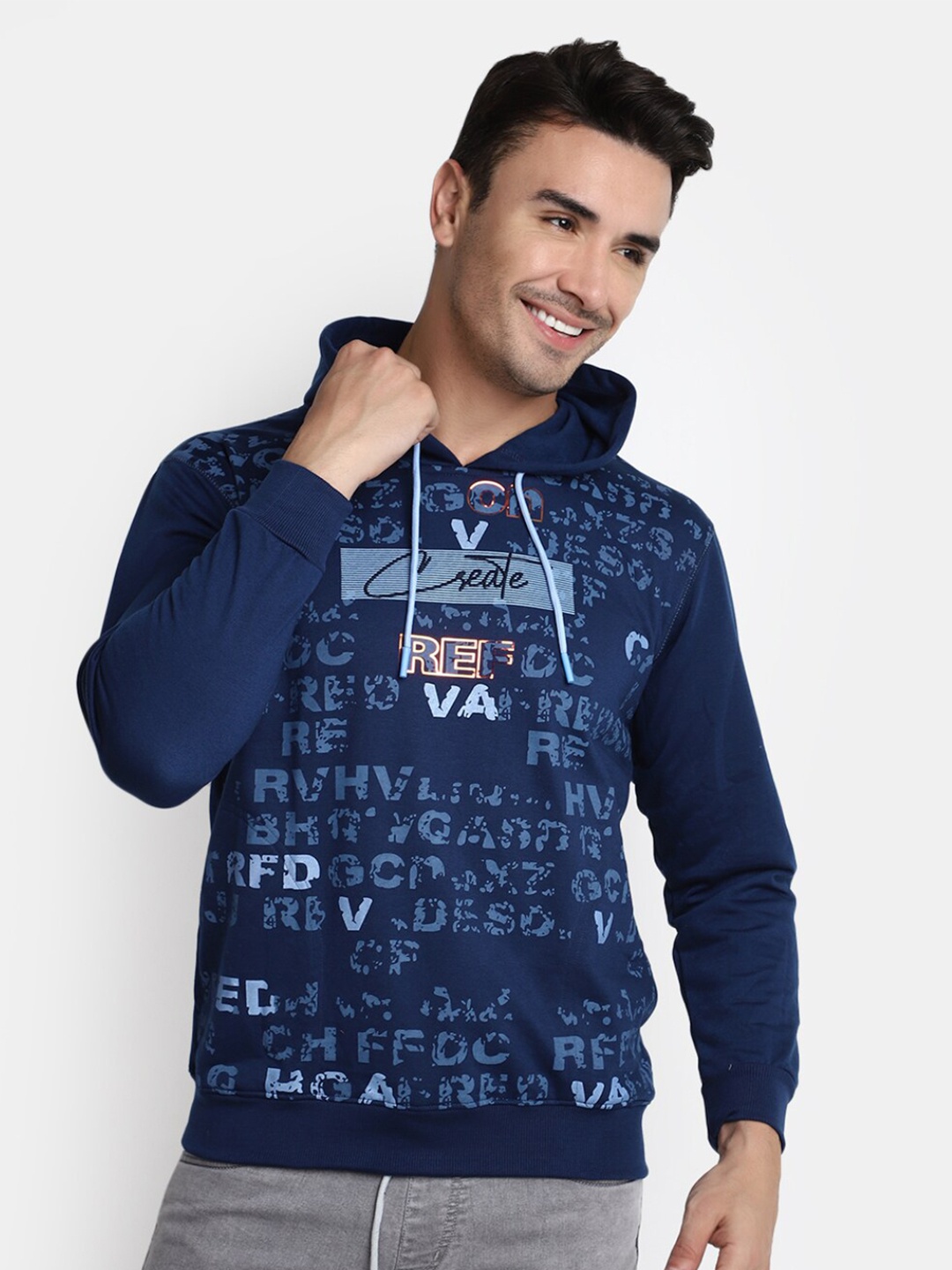 

V-Mart Typography Printed Hooded Long Sleeves Cotton Pullover, Blue