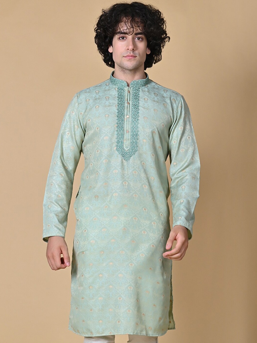 

MAAHI FABS Woven Design Mandarin Collar Straight Kurta, Green