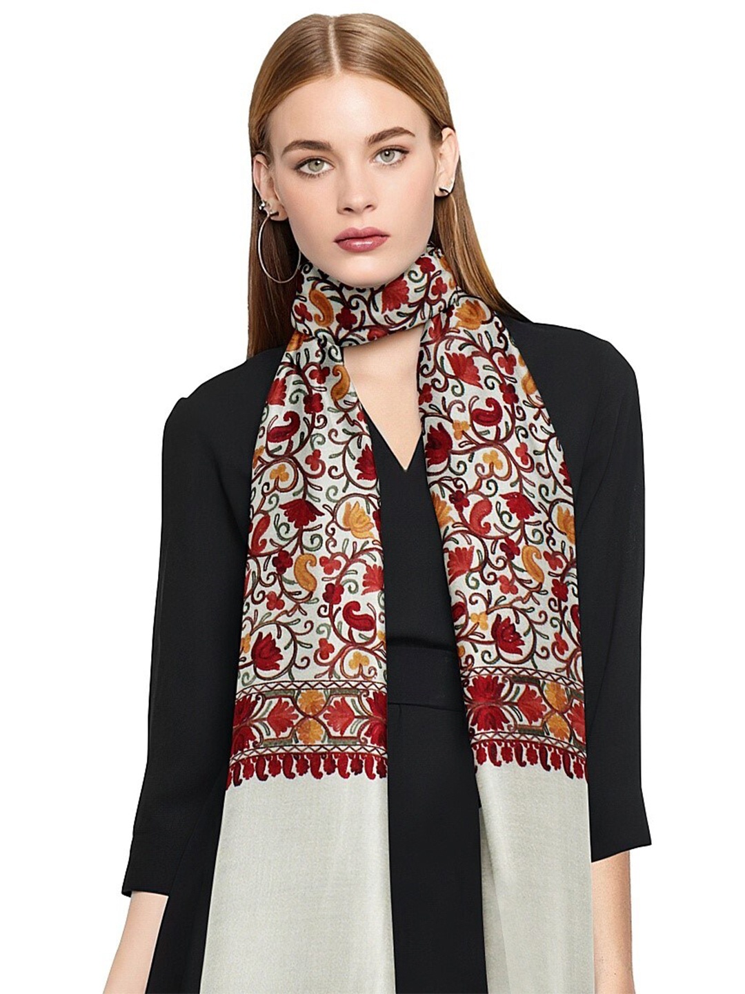 

CASMIR Floral Printed Tasselled Shawl, Cream