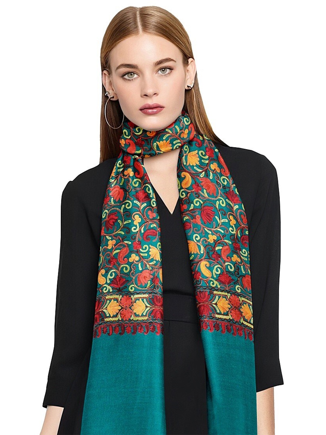 

CASMIR Floral Printed Tasselled Shawl, Sea green