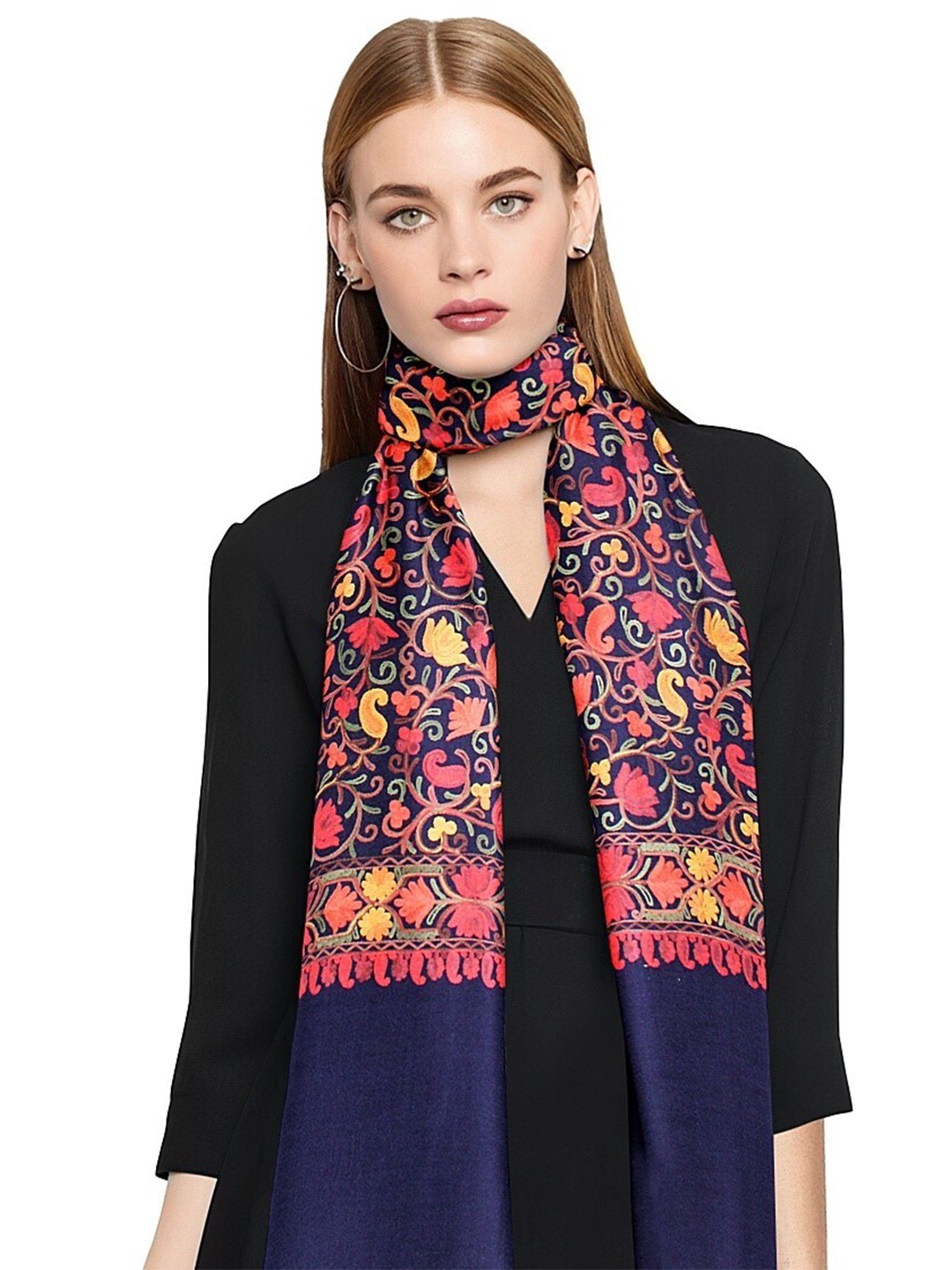 

CASMIR Floral Embroidered Acrylic Shawl, Navy blue