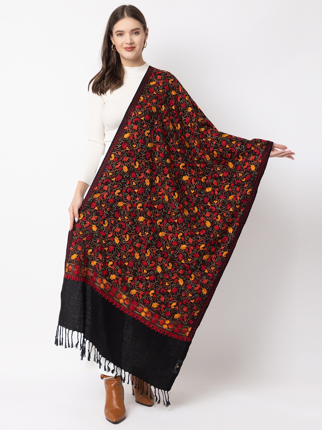 

CASMIR Floral Printed Tasselled Shawl, Black