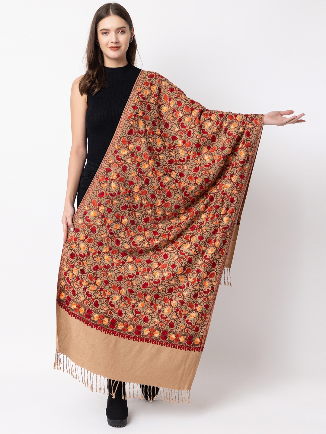 

CASMIR Floral Embroidered Acrylic Shawl, Beige