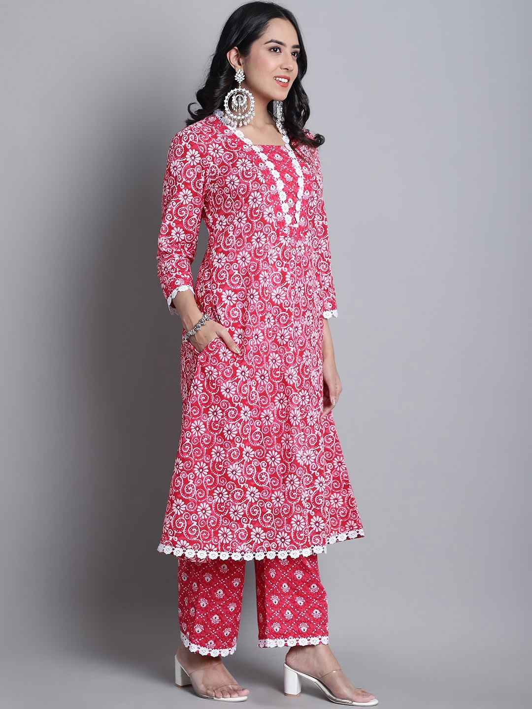 

Kamayra Floral Printed Anarakali Pure Cotton A Line Kurta with Palazzos & Dupatta, Red