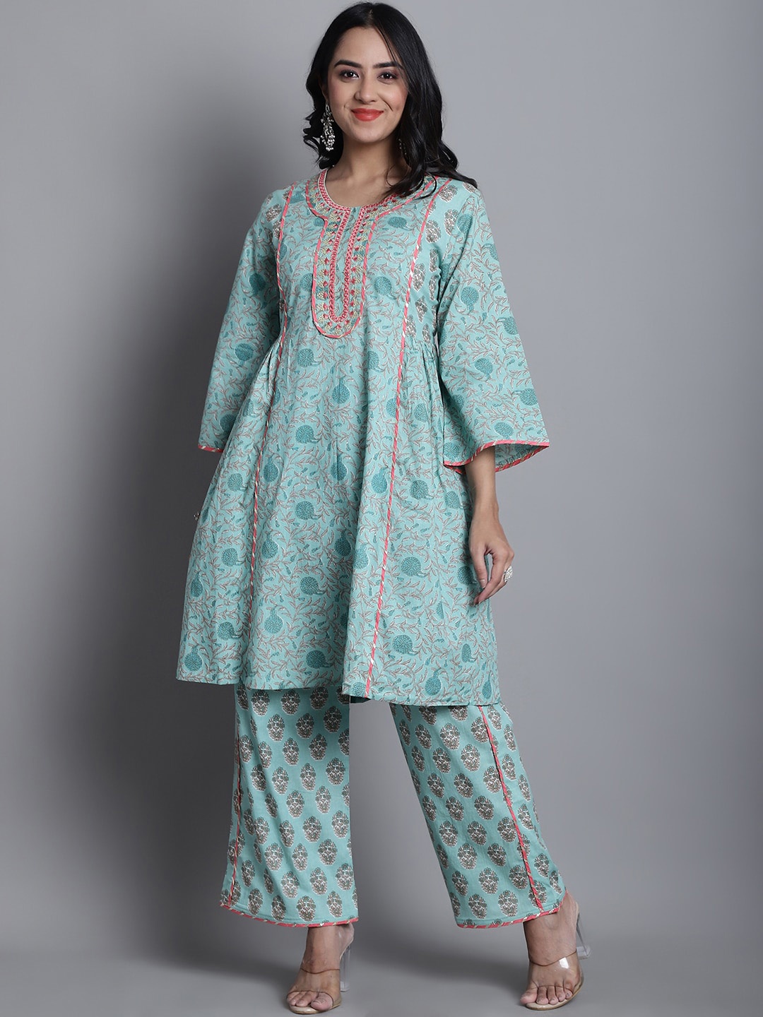 

Kamayra Ethnic Motifs Printed Anarkali Pure Cotton Kurta with Palazzos, Sea green