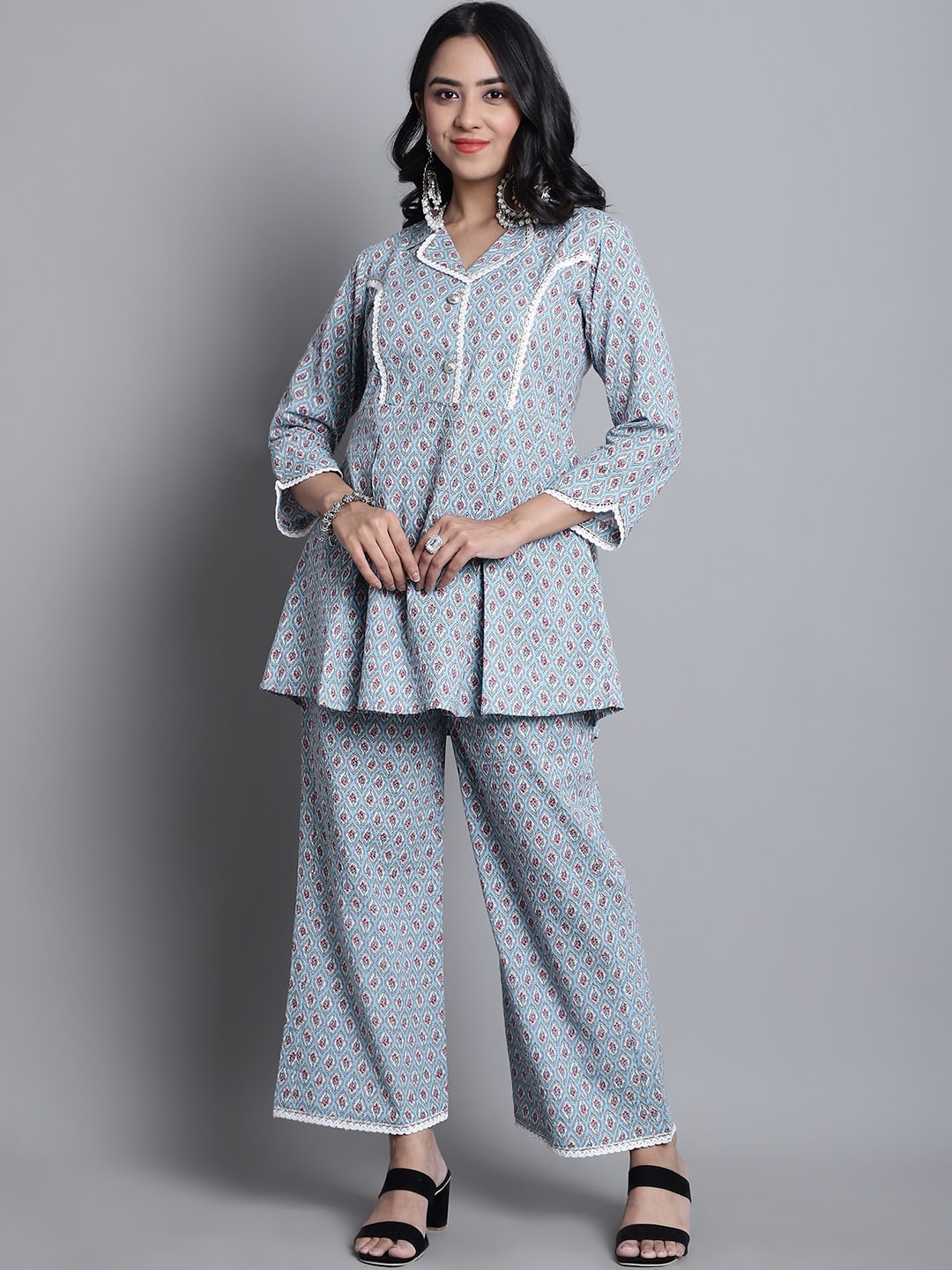 

Kamayra Floral Printed Empire Pure Cotton Kurti with Palazzos, Blue