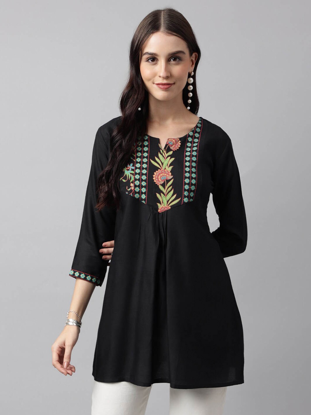 

KALINI Floral Embrokidered A-Line Pleated Kurti, Black