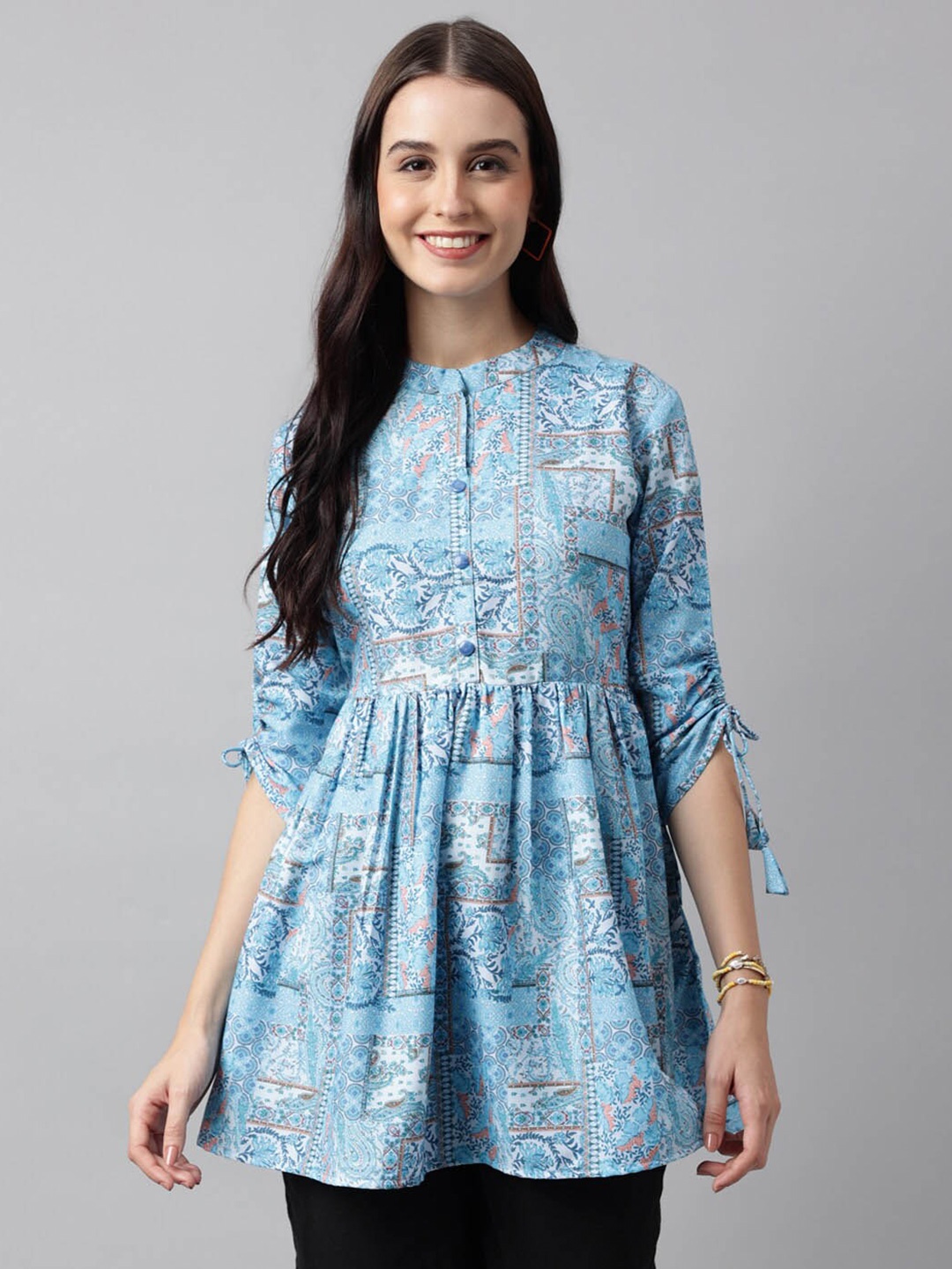 

KALINI Floral Printed Mandarin Collar A-Line Kurti, Blue