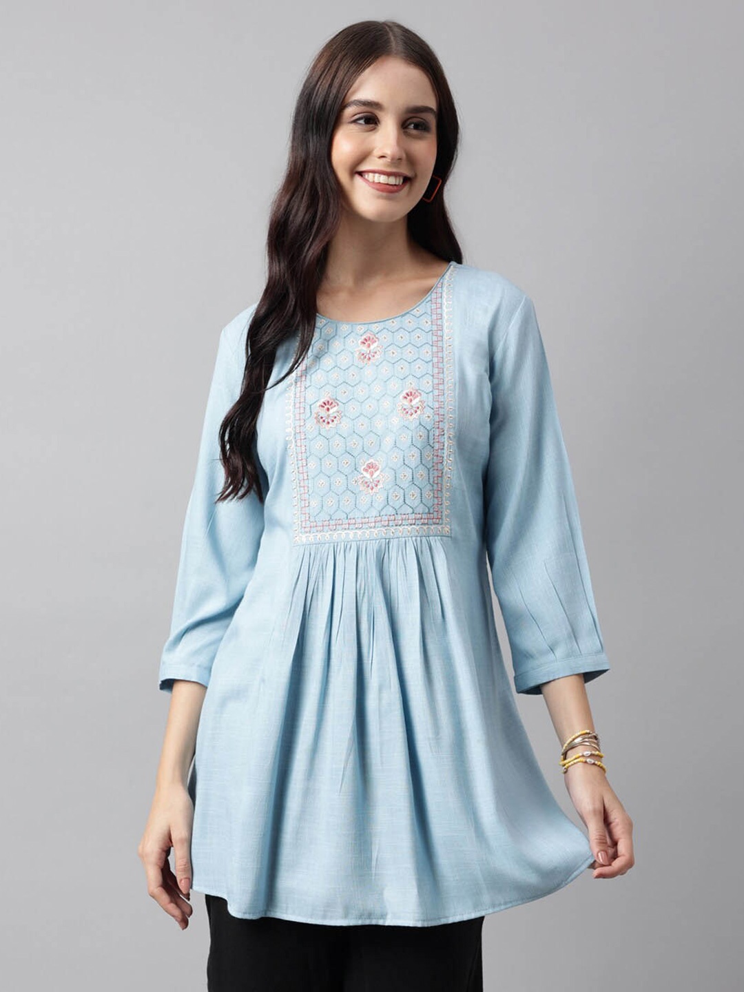 

KALINI Yoke Design Embroidered A-line Kurti, Blue