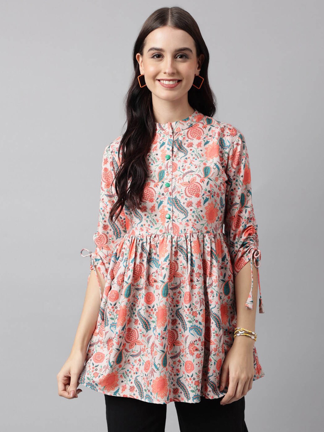 

KALINI Floral Printed Mandarin Collar Anarkali Kurti, Orange