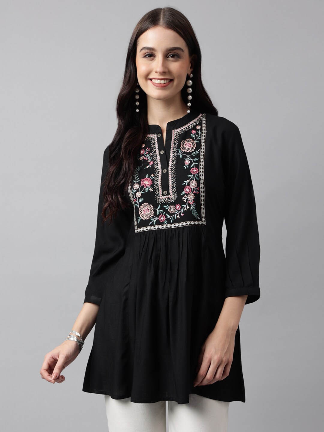 

KALINI Yoke Design Embroidered A-line Kurti, Black