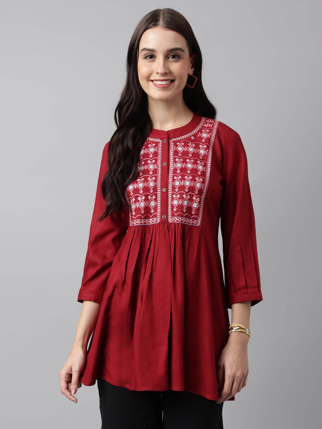 

KALINI Yoke Design Embroidered A-line Kurti, Red