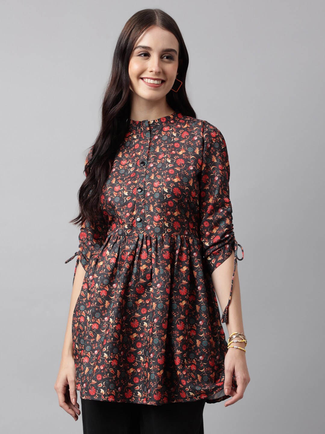 

KALINI Floral Printed Mandarin Collar Anarkali Kurti, Black