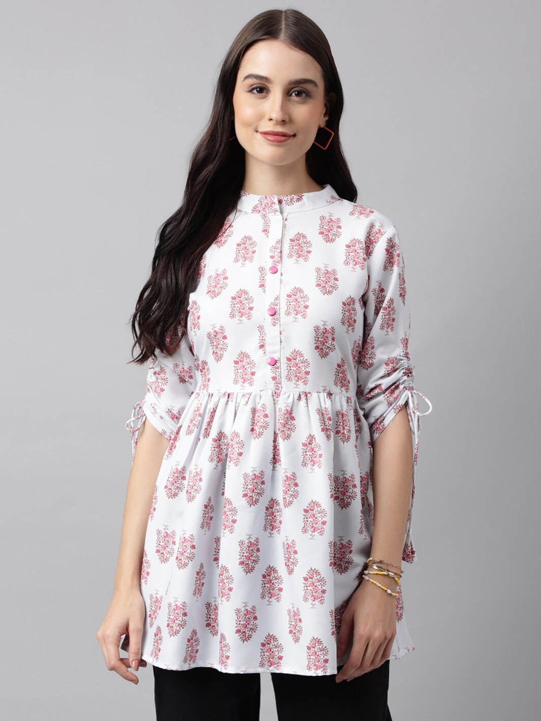 

KALINI Ethnic Motifs Printed Mandarin Collar Anarkali Kurti, White