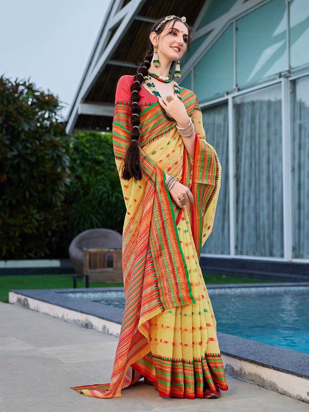 

KALINI Striped Woven Design Zari Kota Saree, Yellow