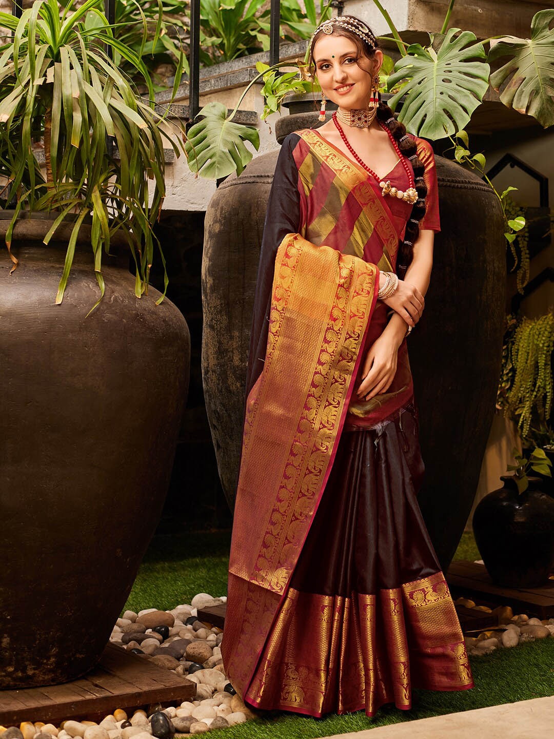

KALINI Woven Designed Zari Kanjeevaram Saree, Brown