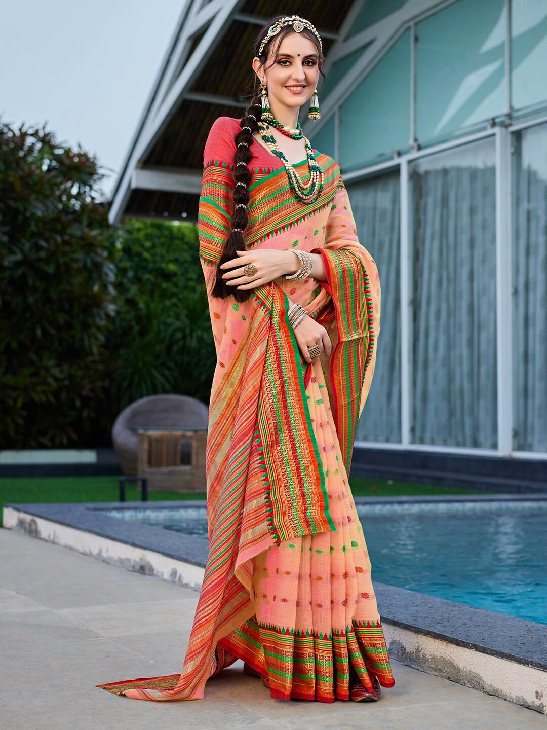 

KALINI Ethnic Motifs Woven Designed Zari Kota Saree, Pink