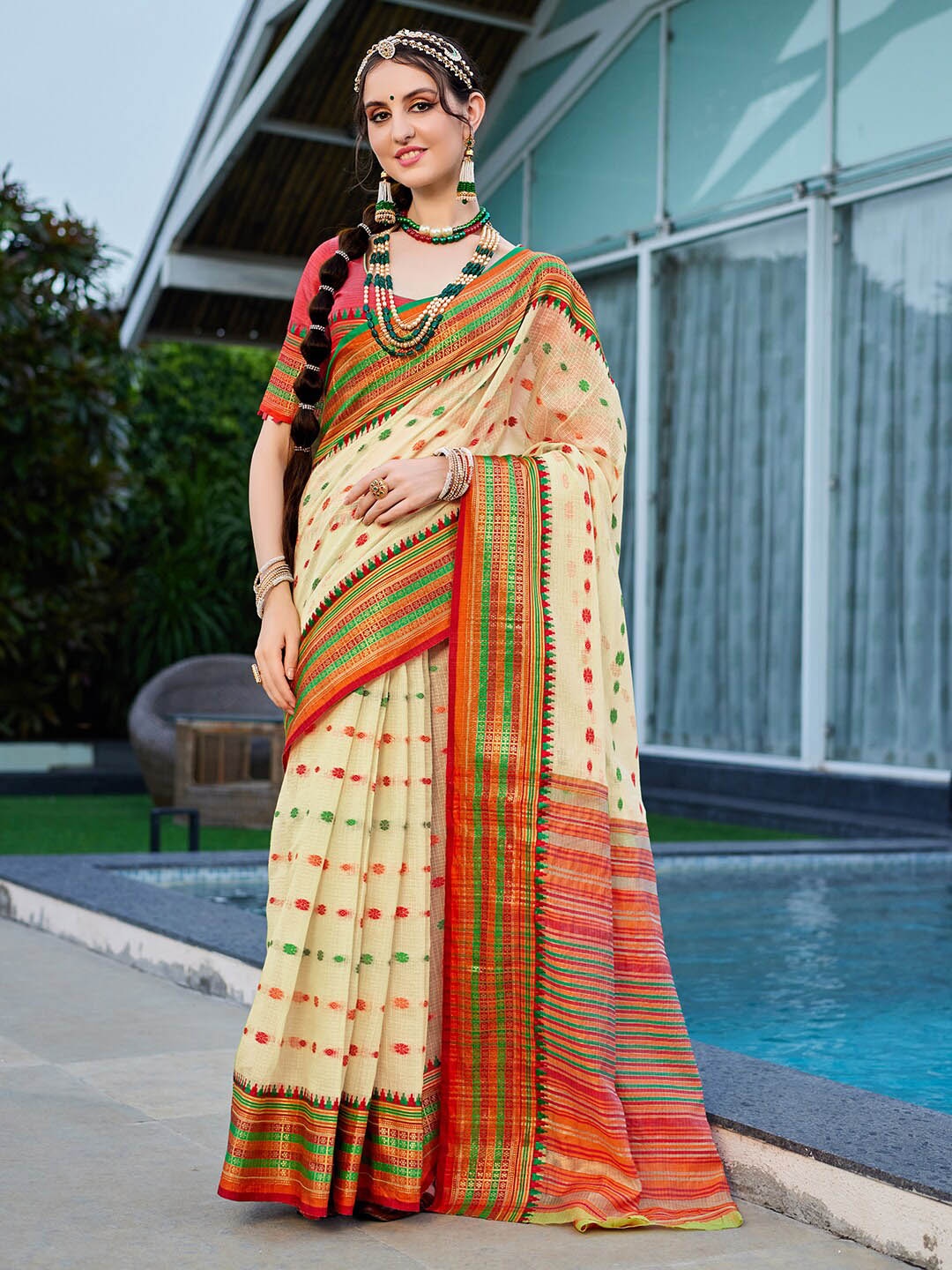 

KALINI Ethnic Motifs Woven Designed Zari Kota Saree, Cream