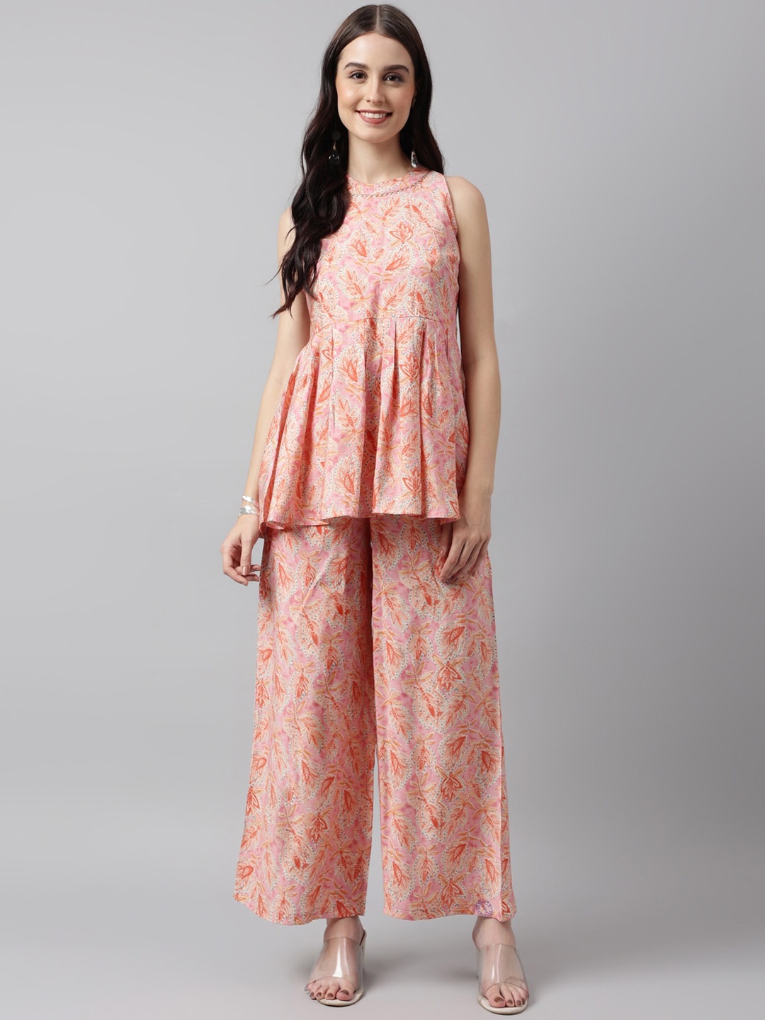 

KALINI Floral Printed Gotta Patti A-Line Pleated Kurti With Palazzos, Peach