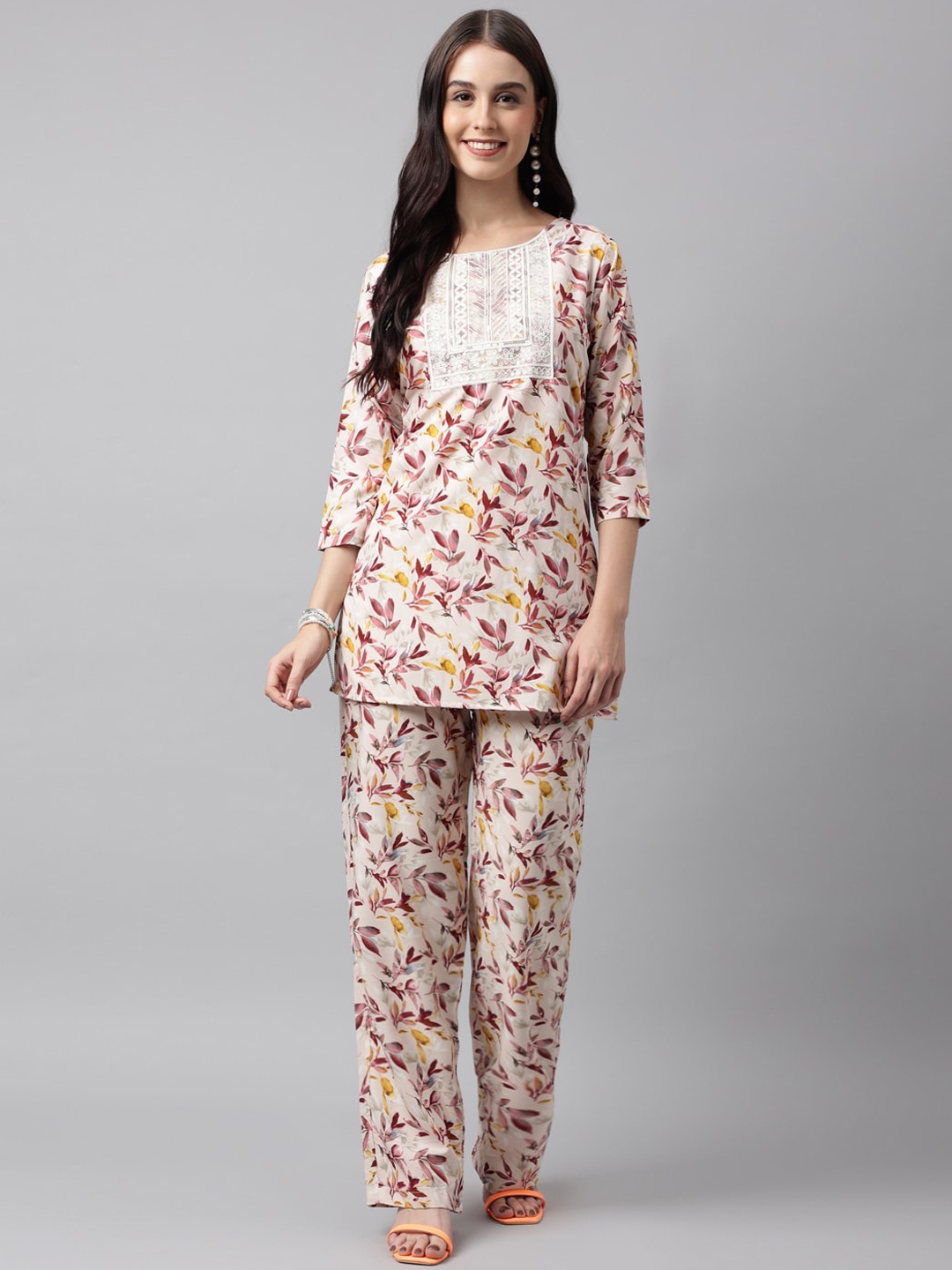 

KALINI Floral Printed Round Neck Kurti & Trouser, Beige