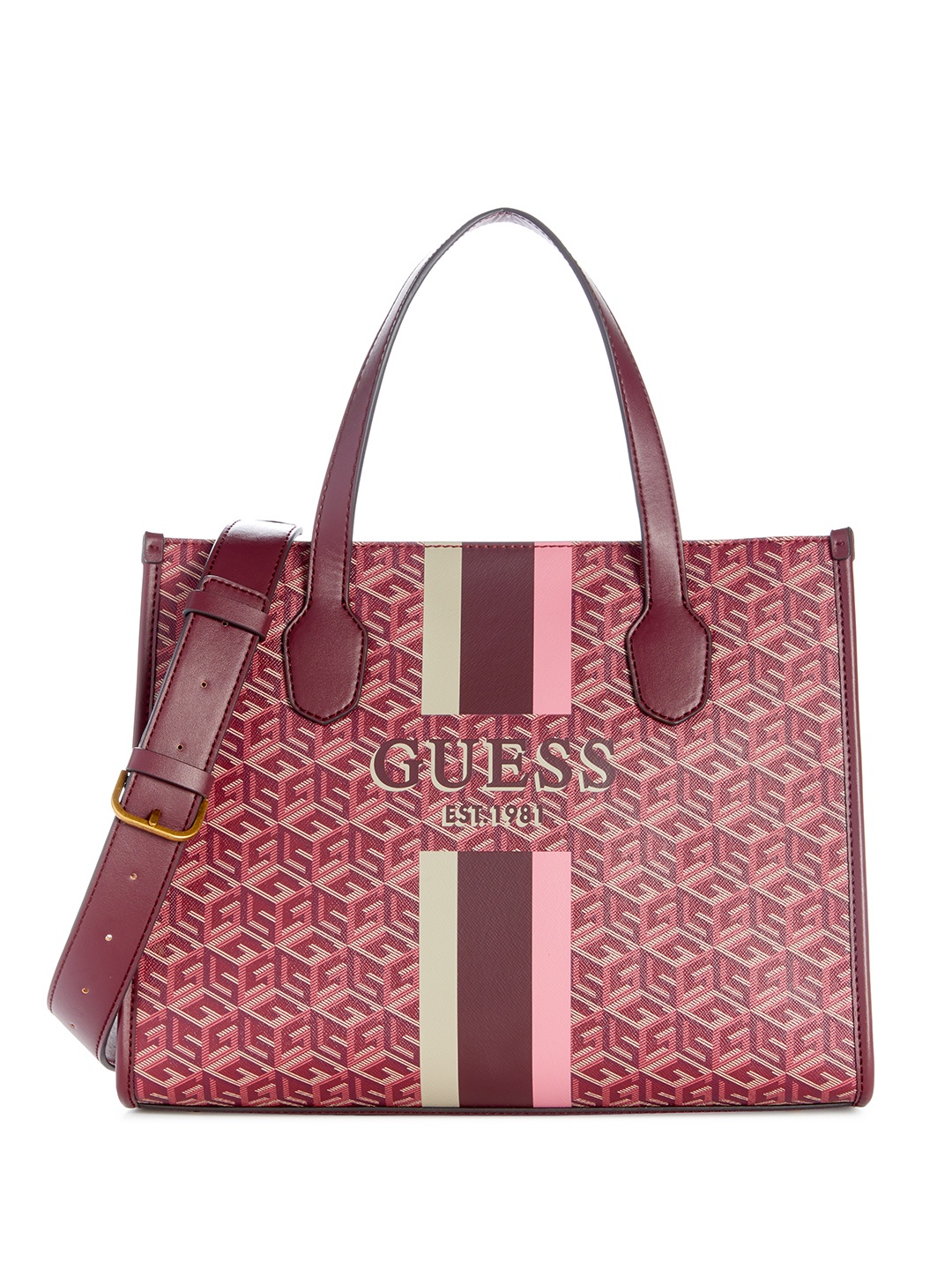 

GUESS Brand Logo Printed Structured Handheld Bag, Maroon