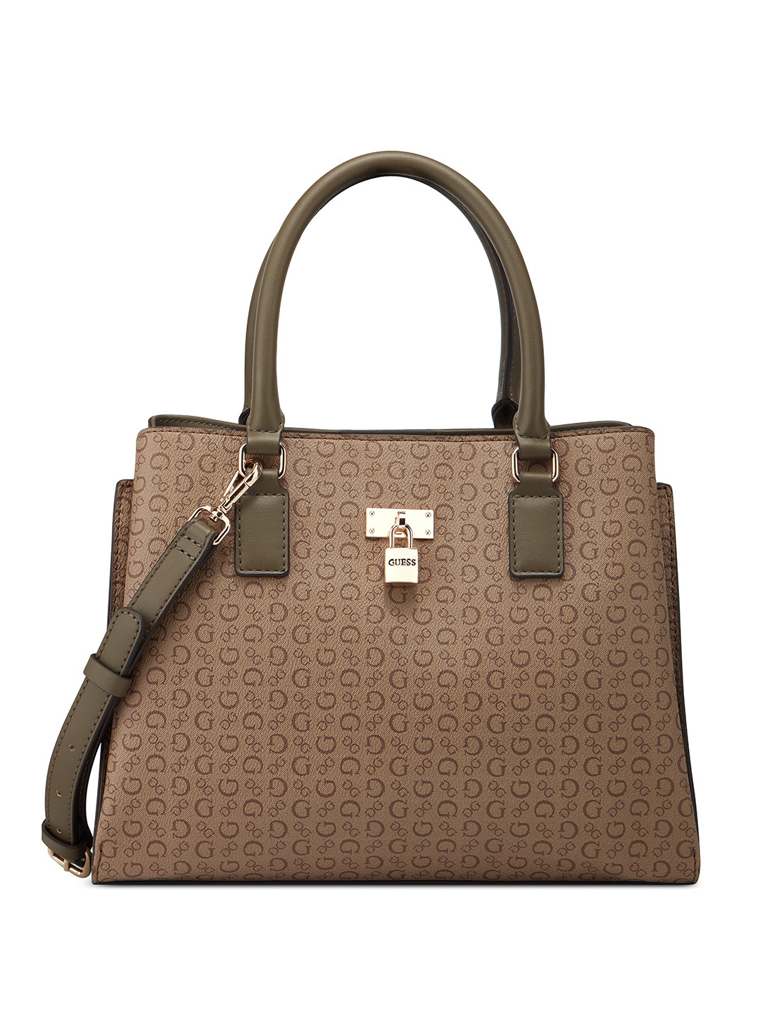 

GUESS Brand Logo Printed Structured Handheld Bag, Brown
