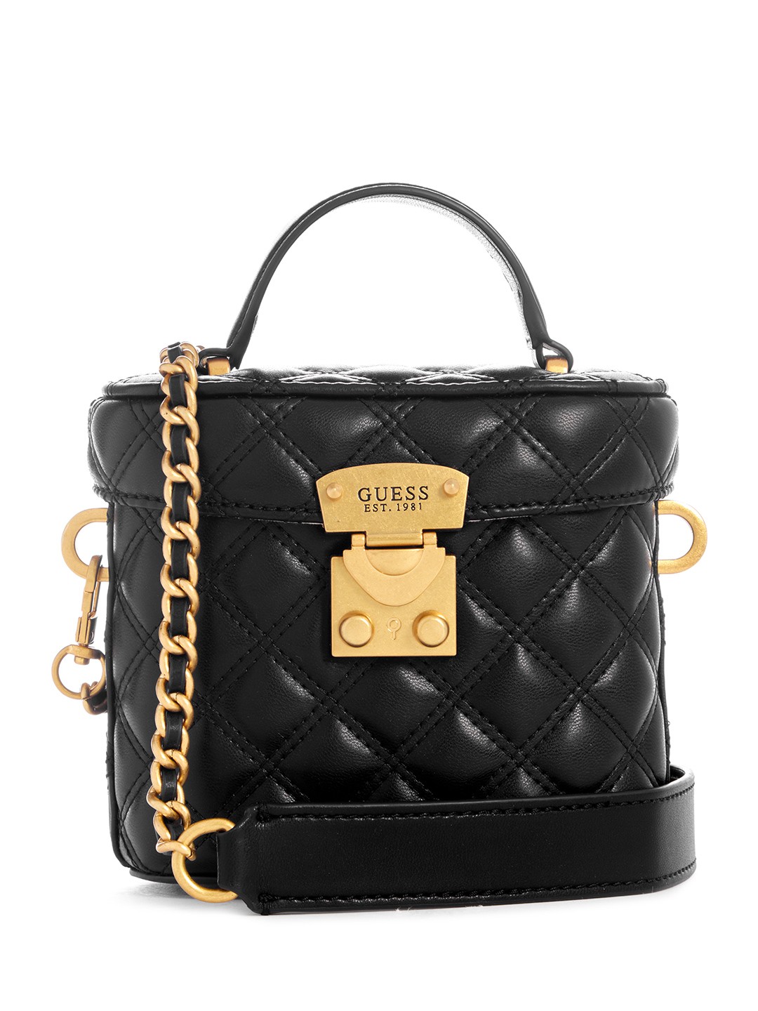 

GUESS Geometric Textured Bucket Satchel Bag with Quilted Detail, Black