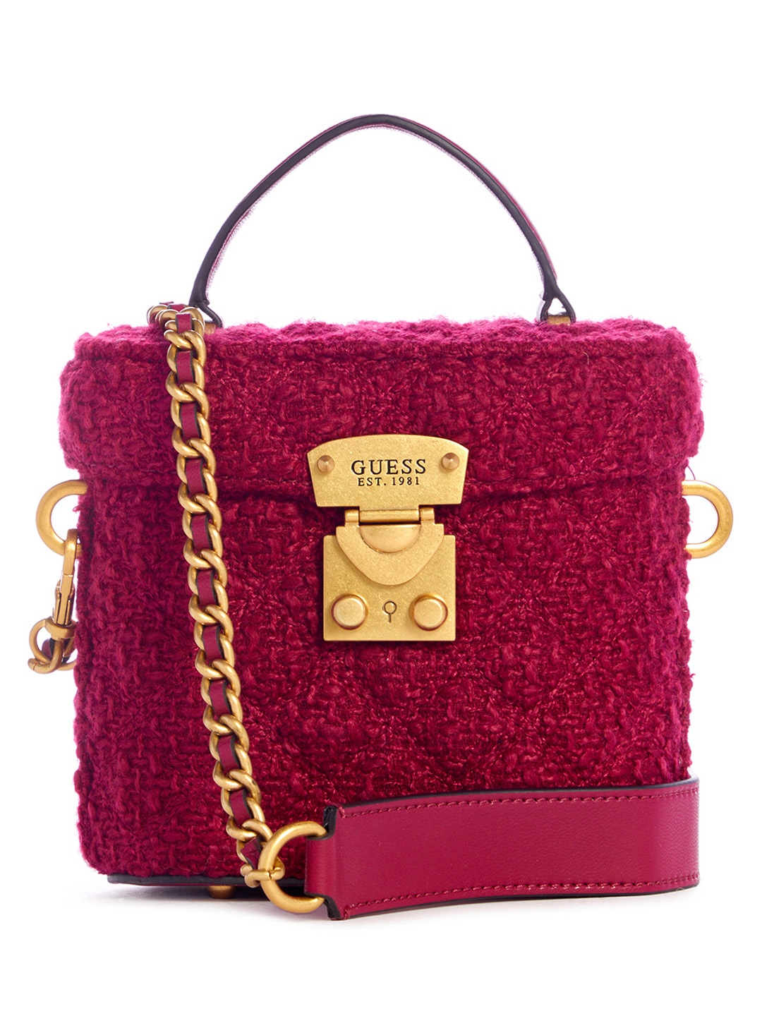 

GUESS Textured Bucket Satchel Bag with Quilted Detail, Maroon