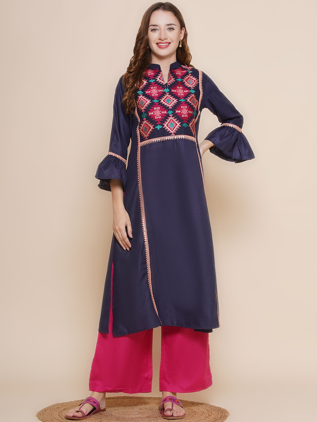 

Bhama Couture Geometric Embroidered Regular Kurta with Palazzos, Blue