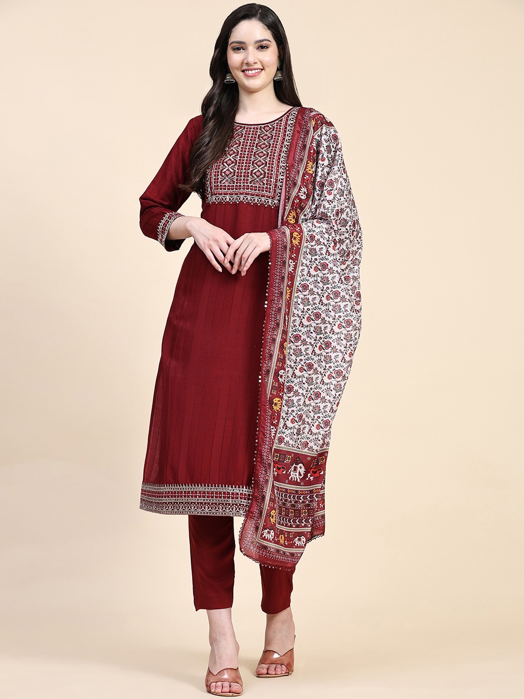 

Nivah Fashion Ethnic Motifs Yoke Design Pure Cotton Kurta & Trousers With Dupatta, Maroon