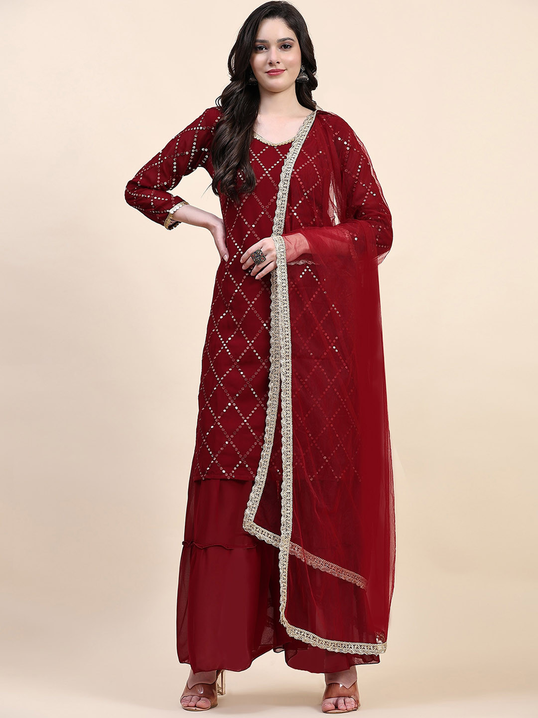 

Nivah Fashion Ethnic Motifs Embroidered Thread Work Kurta & Sharara With Dupatta, Maroon